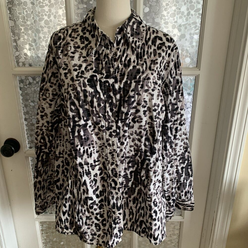 Jones New York Top Animal Print Shirt 3X Cotton Button Front Leopard Cheetah
